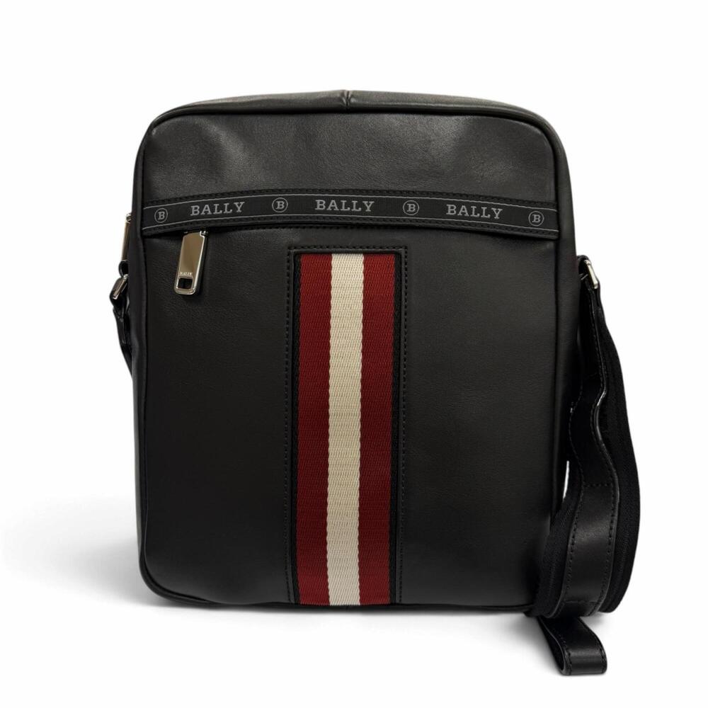 BALLY HOLM Bovin Leather Striped Shoulder Bag with Logo Patch, Black, Made in...